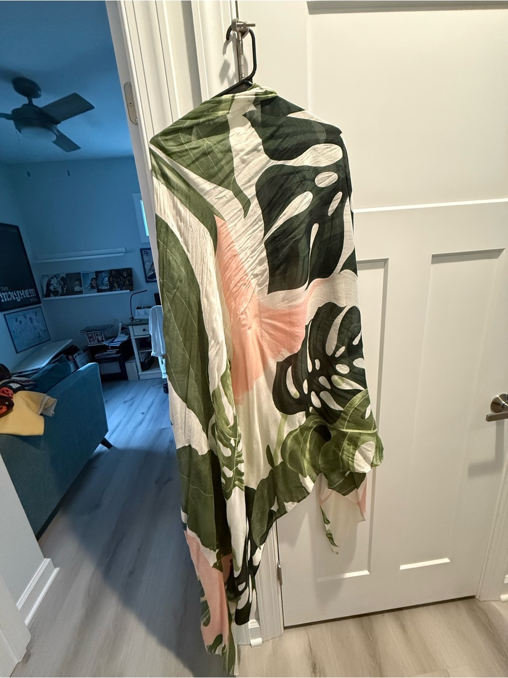 Tropical Leaf Print Scarf Shawl in Green, Pink & White